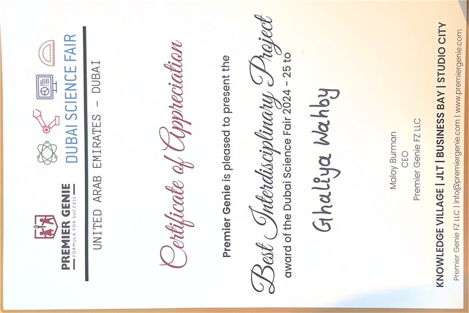 Dubai Science Fair — Best Interdisciplinary Project (2024)